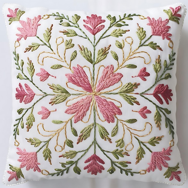 haftowana poszewka z kwiatowym wzorem
